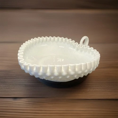 Vintage Fenton Milk Glass Hobnail Ruffle Edge Loop Handle Heart Shape Candy Dish