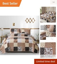 Khaki Quilt Set King Size Quilt Bedding Set Brown Plaid,3 Pieces Patchwork Fl...