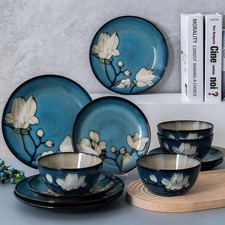WHITEPEONY Dinnerware Set Blue Stoneware 12 Pieces Service 4, Stoneware Plates