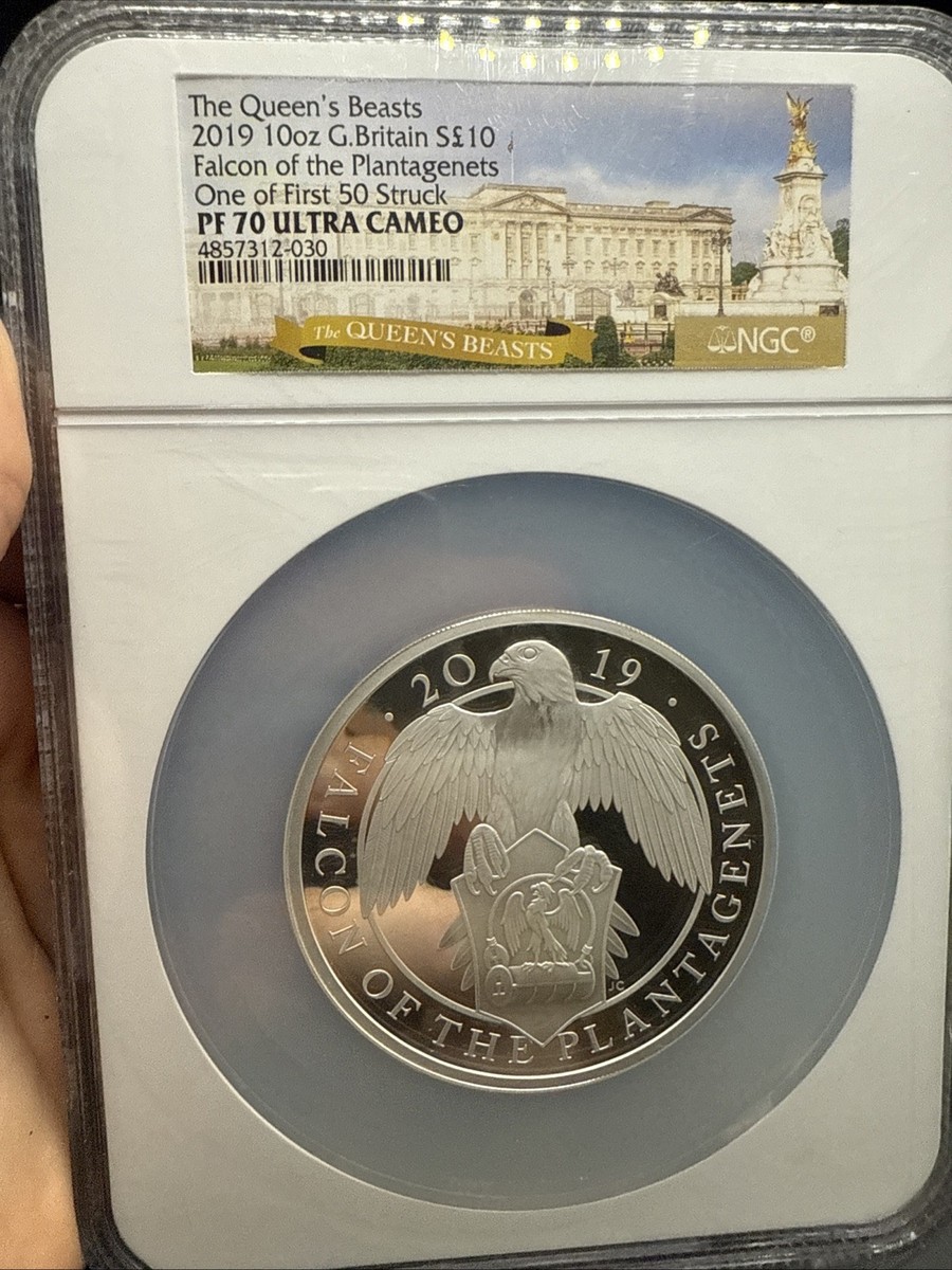 2019 UK £10 Queen's Beasts Falcon 10oz Silver .999 Coin NGC PF70UC