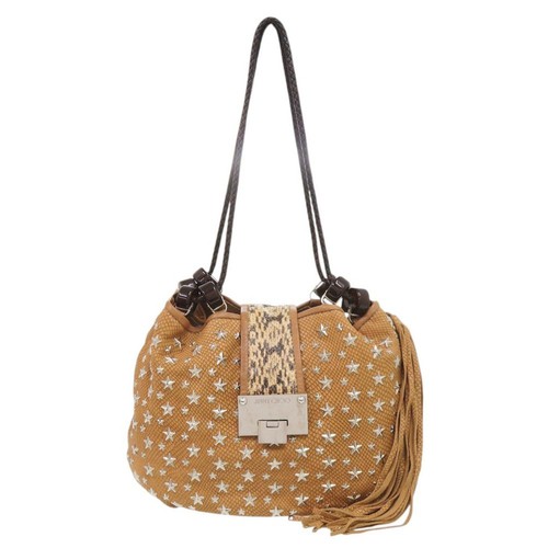 JIMMY CHOO Studded Shoulder Bag Brown Python Embossed Leather 33cm Wide