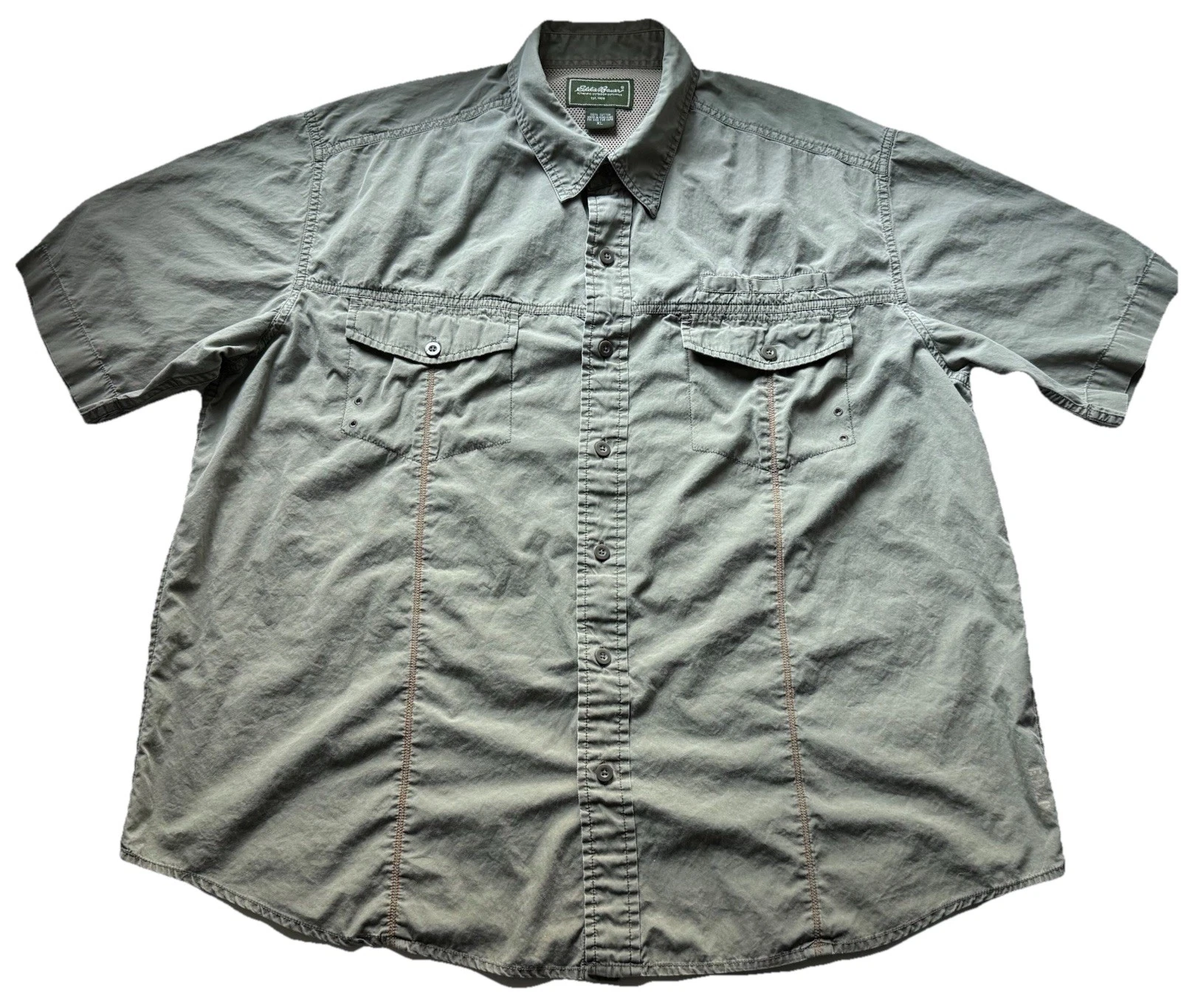 VTG Eddie Bauer Fishing Hiking Shirt Mens XL Olive Green S/S Button Performance
