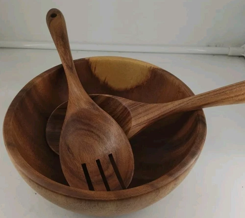 Wooden Bowl Acacia Wood 8" Salad Bowl Set with Salad Spoon and Fork NIB