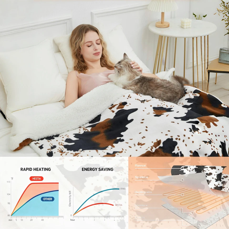 Heated Throw Blanket Cow Print Electric Blanket, Heating Blanket with 4 Heat ... - Image 3 of 4