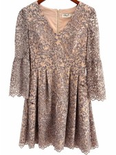 Eliza J Lace Fit Flare Dress Bell Sleeve Taupe Neutral Boho Romantic 6