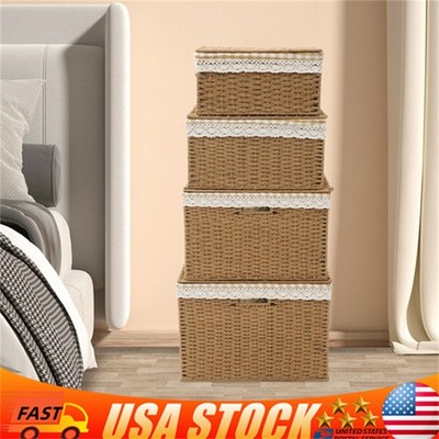 4 Pieces Light Brown Rustic Rectangular Woven Baskets With Handles Lace Lid