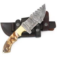 CUSTOM HANDMADE DAMASCUS TRACKER WITH RAM HORN HANDLE PREMIMUM LEATHER SHEATH 11