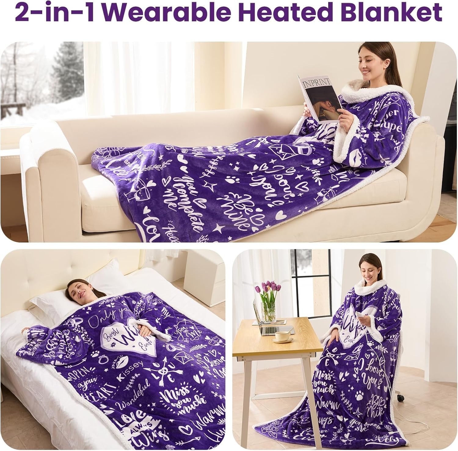 Wearable Heated Blanket with Sleeves Foot Pocket Electric Throw for Women Gift