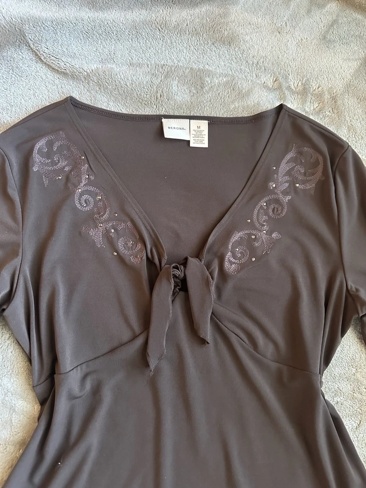 De Colección Y2K Merona Marrón Corbata Frontal Adornada Cuello en V Manga 3/4 Boho Western Foto 2 de 4