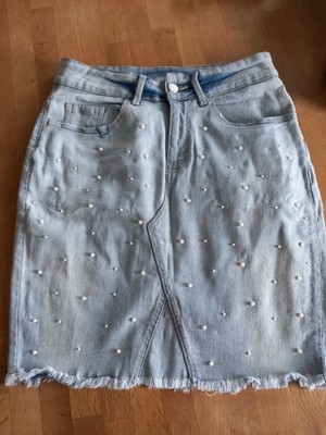 Jeansrock Minirock Perlen Fransen Janina Größe 36 S Sehr gut