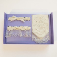 Vintage 3-pc Wedding Bridal Lace Double Garters  Handkerchief- New In Box