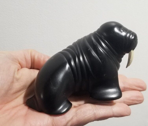 Vintage WALRUS Figurine Black Resin with Tusks 4 inch - Picture 2 of 10