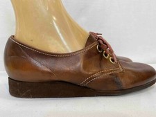 NOS 6.5 C Vtg 70s Brown Leather Shoes Oxford Wedge Heel Platform Scho-Ped Scholl