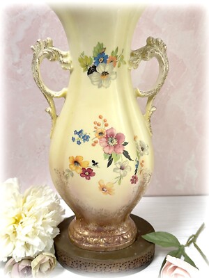 Vintage 1940s Graceful Ceramic & Brass Floral Table Lamp Figural