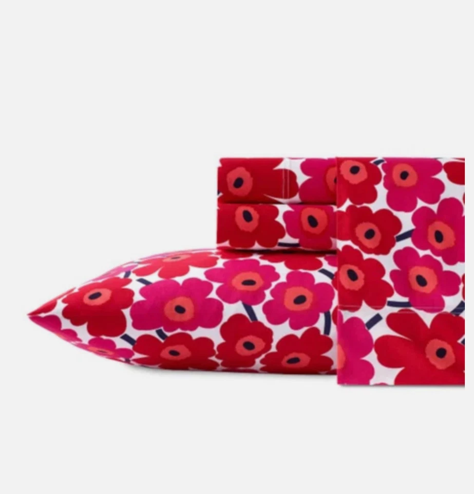 Juego de sábanas Marimekko Mini Unikko rojo algodón percal T200 crujiente y fresco KING 4 piezas Foto 2 de 4