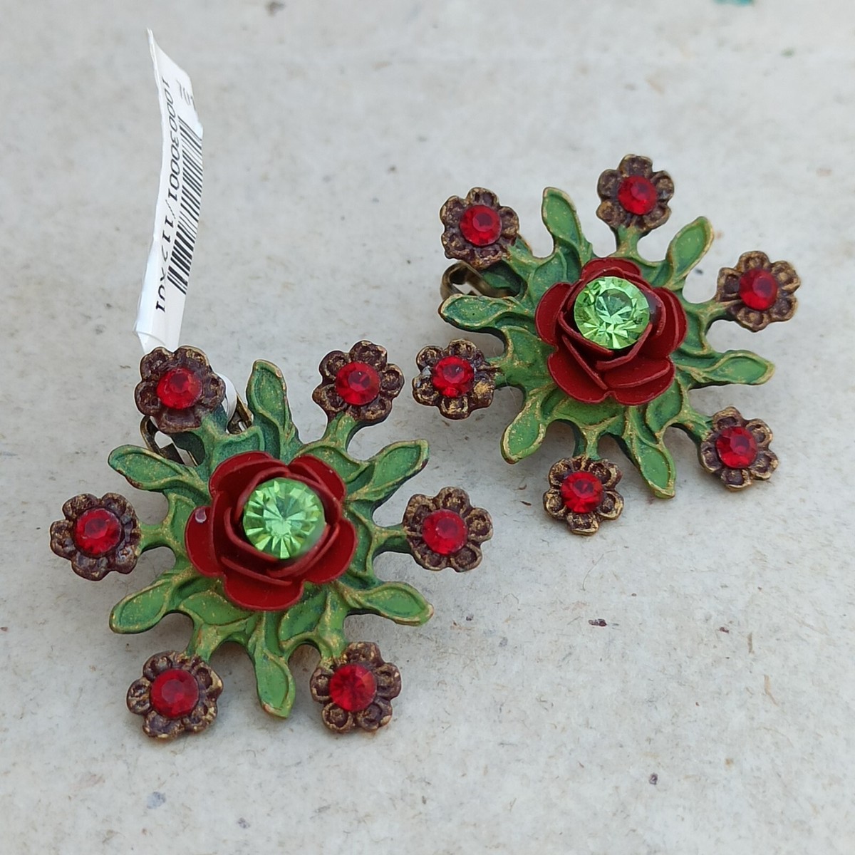 ブータン Michal Negrin Clip Earrings Red Rose Flower Green Leaves Crystals