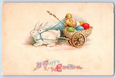 Easter Postcard Bunny Rabbit Pulling Egg Cart Little Chick Eggs Pipe Berry Wolf