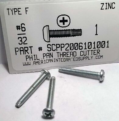 #6-32x1'' Pan Phillips Thread Cutting Screws Type F Steel Zinc Plated (500)
