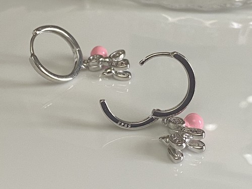 925 Silver Pink Enamel Baloon Dog Hoop Earrings with Sparkling CZ Zirconia •A282 - Picture 8 of 14