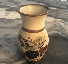 Tonala Stoneware Vase with Folk Art Flowers And Birds - Mexico 6”
