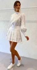 Bec & Bridge Elodie Boho Mini Dress Size 6 Ivory/White Pleats Lace Long Sleeve