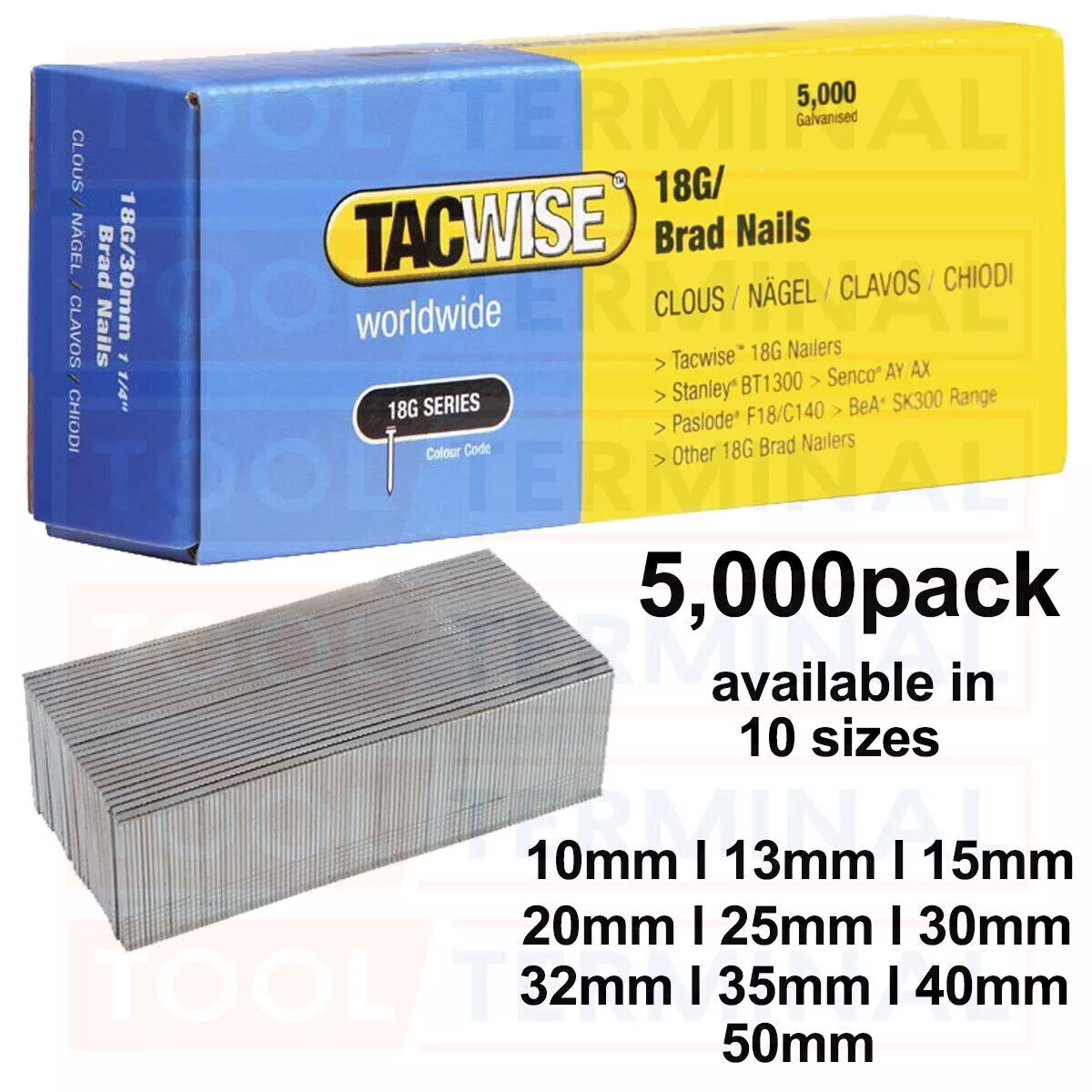TACWISE 10mm 50mm ALL Brad Nails 18 Gauge 18g 180 Galvanised For Gun Staplers
