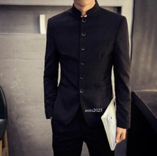 New Men's Standing Collar Suit Casual Balck Blazer Button Solid Jacket Coat Gift