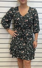 EX OASIS LADIES DARK GREEN FLORAL PRINT RUFFLE BELTED DRESS NEW (ref 170) SALE