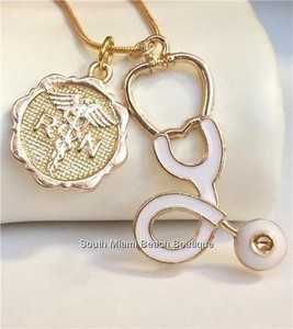 Authentic Nursing Rn Caduceus Necklace Stethoscope Nurse Graduation Gold Plated White