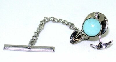 Gold Miner Pick Shovel 7mm Round Turquoise Cab Silver Color Bezel Tie Tack