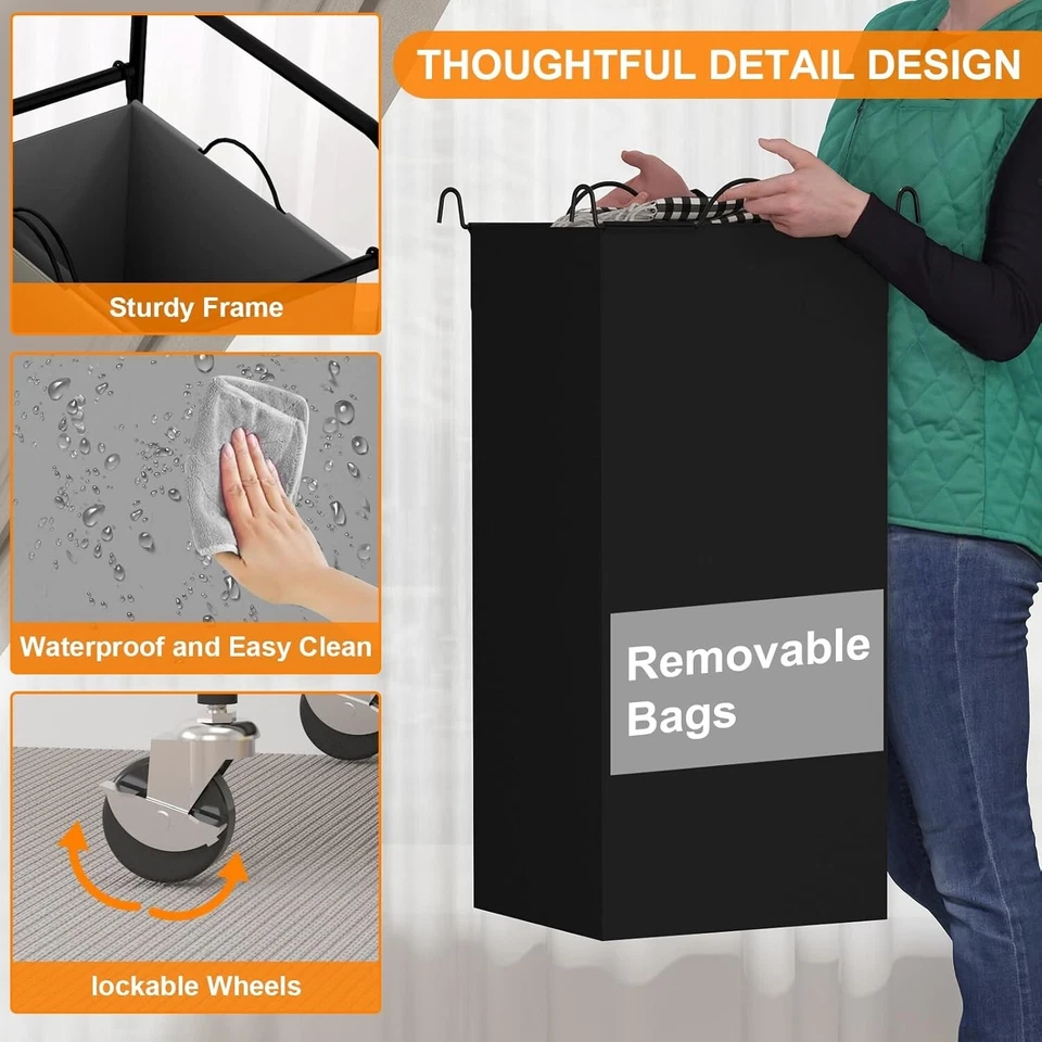 Laundry Sorter 2 Bag Laundry Hamper Cart With Rolling Lockable Wheels And Remova - Image 4 of 4