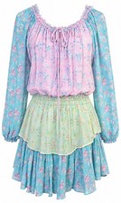 LoveShackFancy Floral Colorblock Mini Dress Size Large Pink Blue Green Ruffle