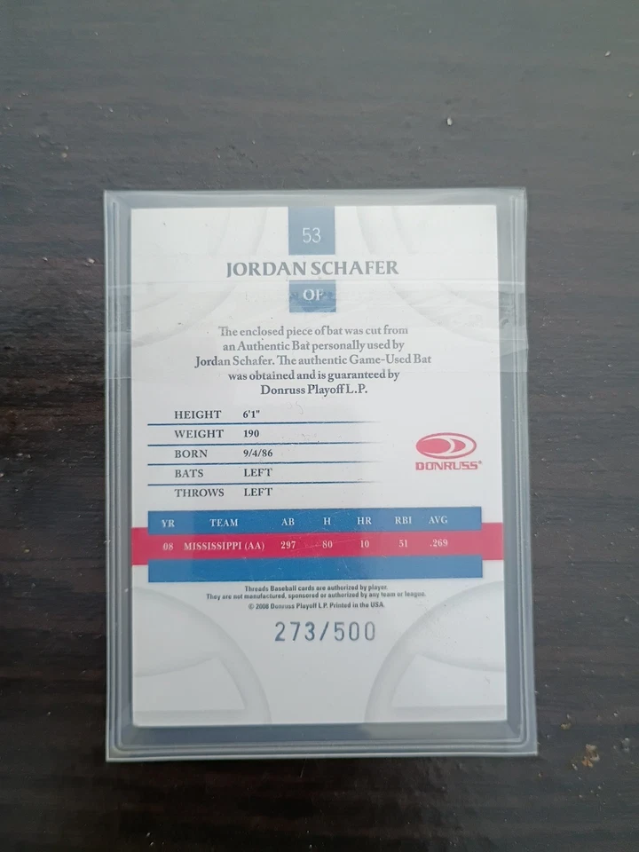 2008 Donruss Threads Jordan Schafer Bat Card Serial # /500 - Image 2 of 2