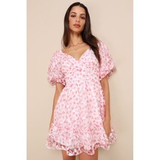 Lulus Airy Beauty Pink Floral Burnout Puff Sleeve Tiered Mini Dress Size Medium