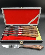 Vintage F.W. Woolworth Co. Wooden Handle Stainless Steel Steak Knives Set, Box