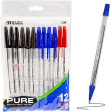 BAZIC Pure Assorted Color Stick Pen Pack of 12, 6 Black 4 Blue 2 Red ink School