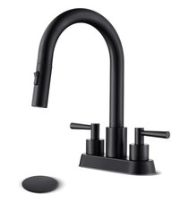 Bathroom Sink Faucet with Pull Out Sprayer 2 Handles, Matte Black Pull Down...