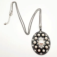 Ornate Faux Pearl with Crystal Rhinestone Pendant Victorian Revival Necklace