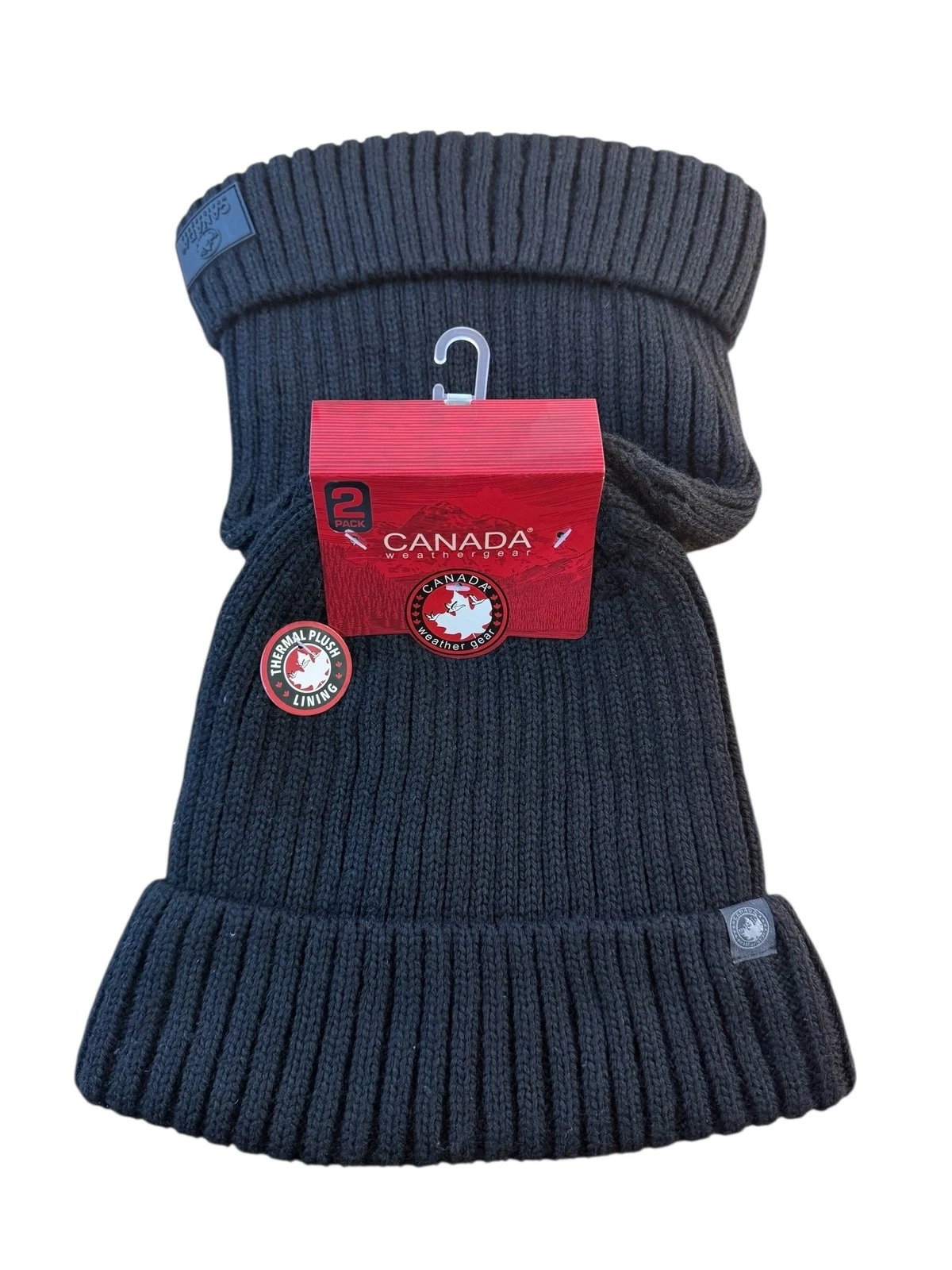 NWT 2-Pack Canada Weather Gear Knit Beanie Hat Thermal Plush Lining Black