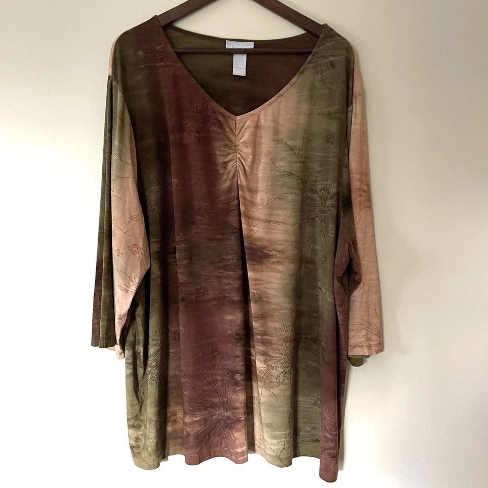 Liz & Me Top Blouse Sz 3X 26/28 Tie Dye Sparkly Boho Green Brown Fairy Goth Fall - Image 2 of 4