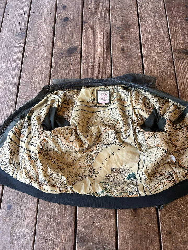 复古皮革轰炸机夹克带地图衬里美国周末绿色 80 年代 M 中号 — 第 2/4 张图片