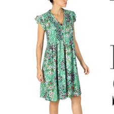 Julia Jordan Floral Ruffle Neck Short Sleeve Green Pink Midi Dress Size 14 Lined