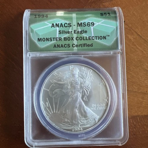 1994 $1 AMERICAN SILVER EAGLE ANACS MS69 MONSTER BOX COLLECTION GREEN LABEL