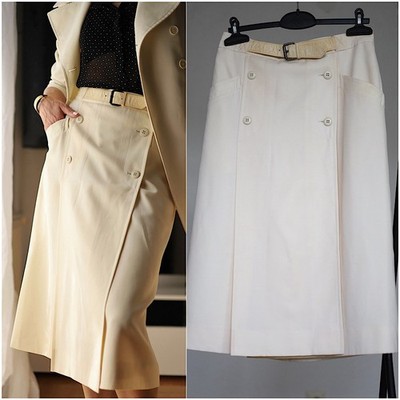 Authentic Vtg 80's GUCCI 100% Wool Midi Skirt IT 46 Cream Leather Trim Rare