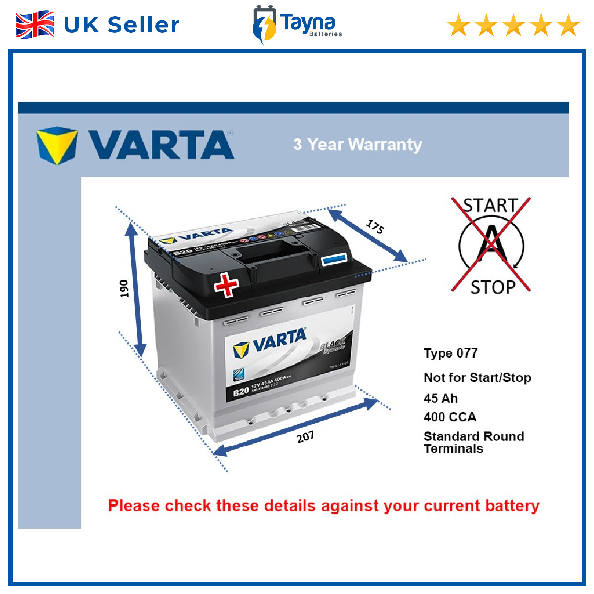 Battery fits DAEWOO KALOS KLAS 1.2 1.4 2002 on Varta 077 400A 45Ah 3Yr Warranty