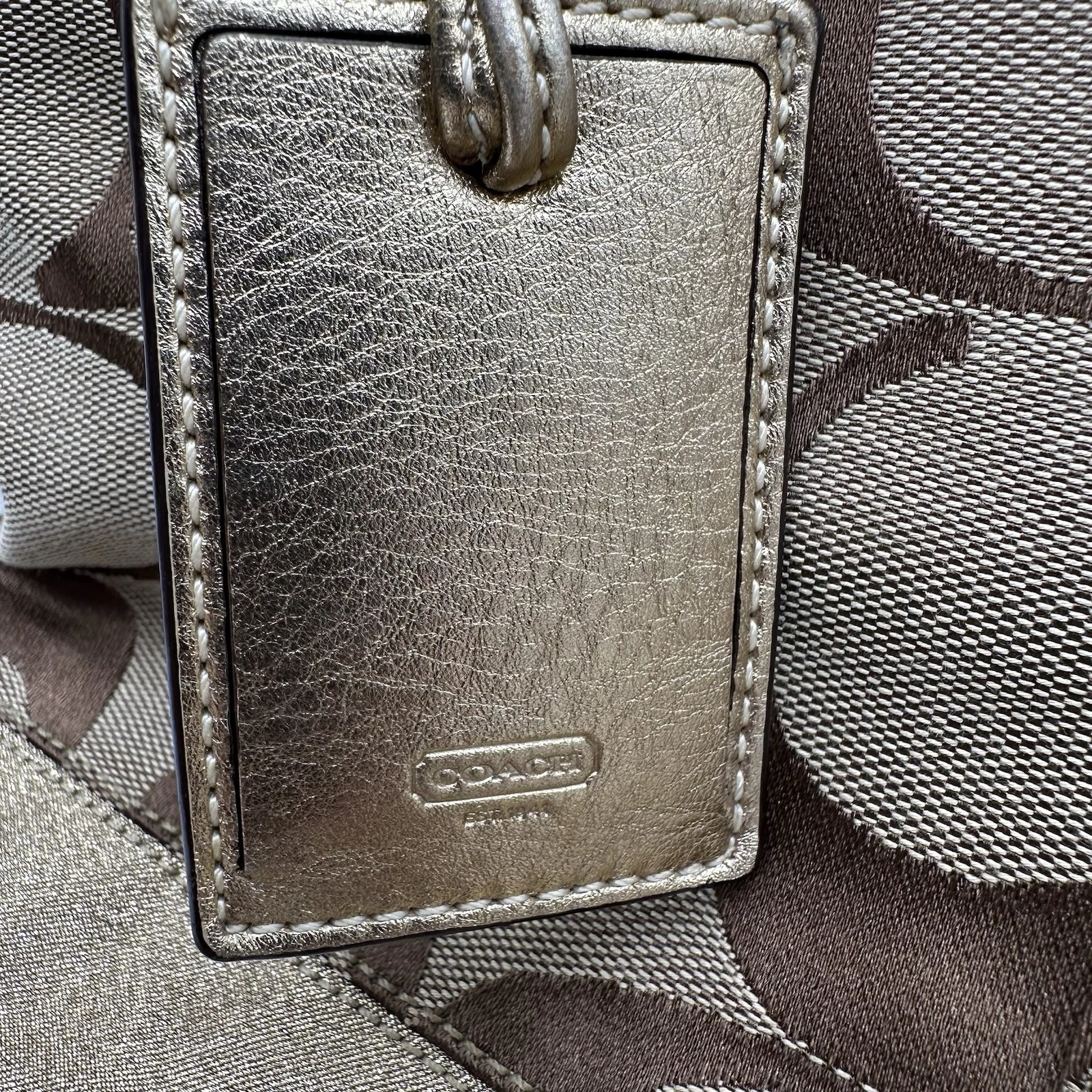 Borsa Coach Signature a righe kaki e cremisi tela pelle tote bag vintage nuova con etichetta