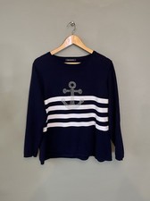 Bon March Ladies Jumper Sweater Size L UK 16-18 Navy Blue Nautical 100 Cotton