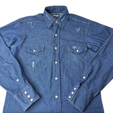 Vintage 90s Wrangler 27MW Pearl Snap Denim Shirt USA Made Distressed Mens 15X33