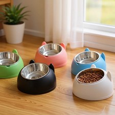 Elevated Stainless Steel Cat Bowl Inclined Food Water Dish with Ear Stand