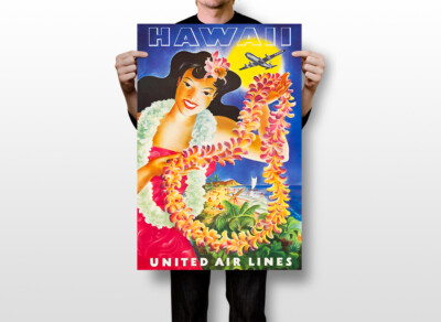 Hawaii United Airlines Vintage Visit Tourism Art Wall Room Poster